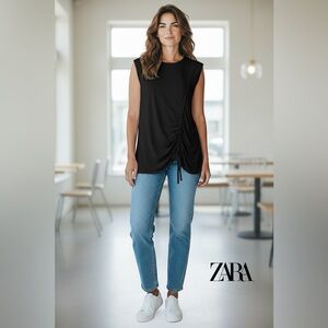 NWOT, ZARA, Fitted Tunic With Ruched Detailing & Laces, Small, Black